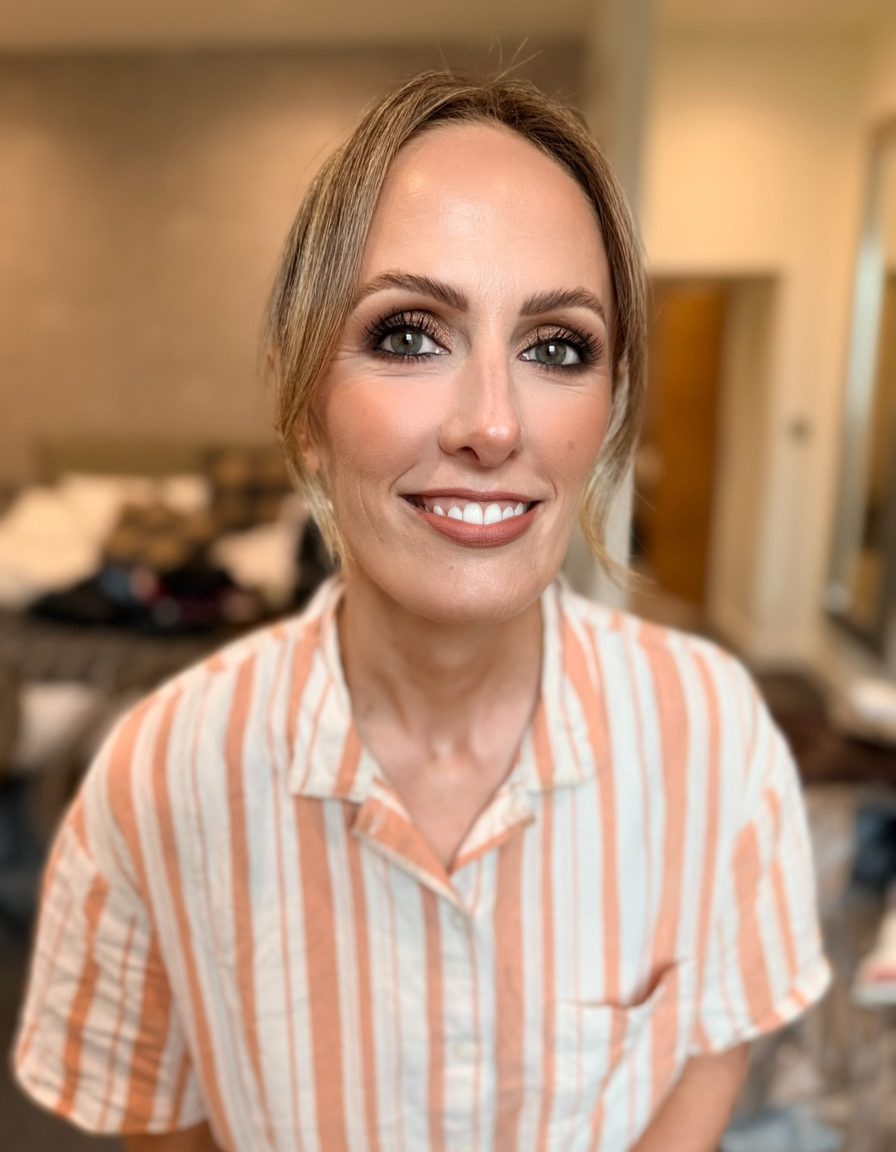 A guest of the bridal party with glowing makeup
